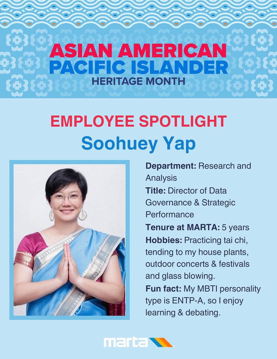 MARTA employee Soohuey Yap, from Malaysia, frequently travels on the system, forming a strong connection with MARTA's services, using them almost daily. Soohuey recognizes #AAPIHeritageMonth as an opportunity to celebrate the diverse and vibrant cultures within Asian and Pacific…