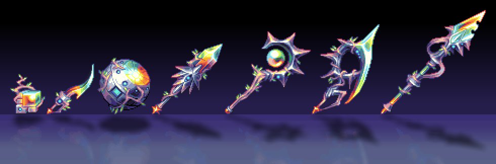 CalamityModTeam's tweet image. Some new looks for your favorite Exo-Weapons, courtesy of @HeartAndUp! 

Note: The unnamed Exo Spear (far right) has not been implemented and the Exo Gladius (2nd from the left) is for their great Calamity add-on, Catalyst!
The others will appear in the Bountiful Harvest update.