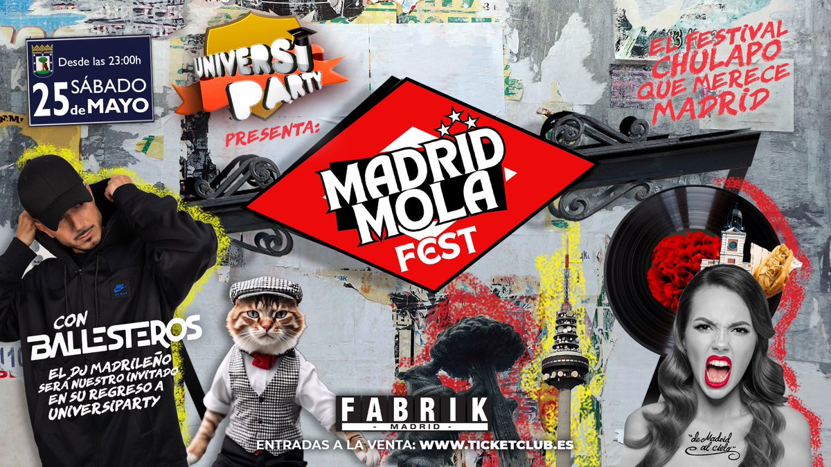 ¡Madrid mola mazo!
Por eso en Mayo le dedicamos un festival con nuestra edición + castiza, chulapa y modernita
◻️🟥 <a href="/UniversiParty/">UniversiParty</a> MADRID MOLA 🟥◻️

🗓️ Sábado 25 de Mayo
🕦 Desde las 23:00
📍 <a href="/fabrikdiscoteca/">FABRIK</a> 

🎫 ENTRADAS - Desde 20€

ticketclub.es/es/plans/17683…