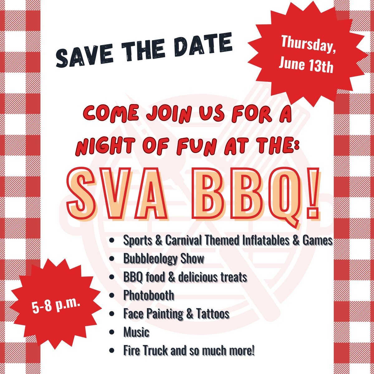 SVA BBQ is on Thursday June 13th! Save the date📝