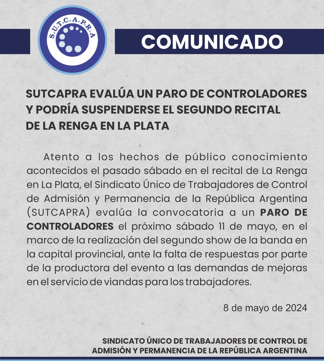 #URGENTE ❗ COMUNICADO

<a href="/SutcapraOk/">SUTCAPRA</a> evalúa un PARO DE CONTROLADORES el sábado 11 de mayo, en el marco del segundo show de <a href="/larenga/">La Renga</a> en #LaPlata, ante la falta de respuestas por parte de la productora del evento a las demandas de mejoras en el servicio de viandas para trabajadores