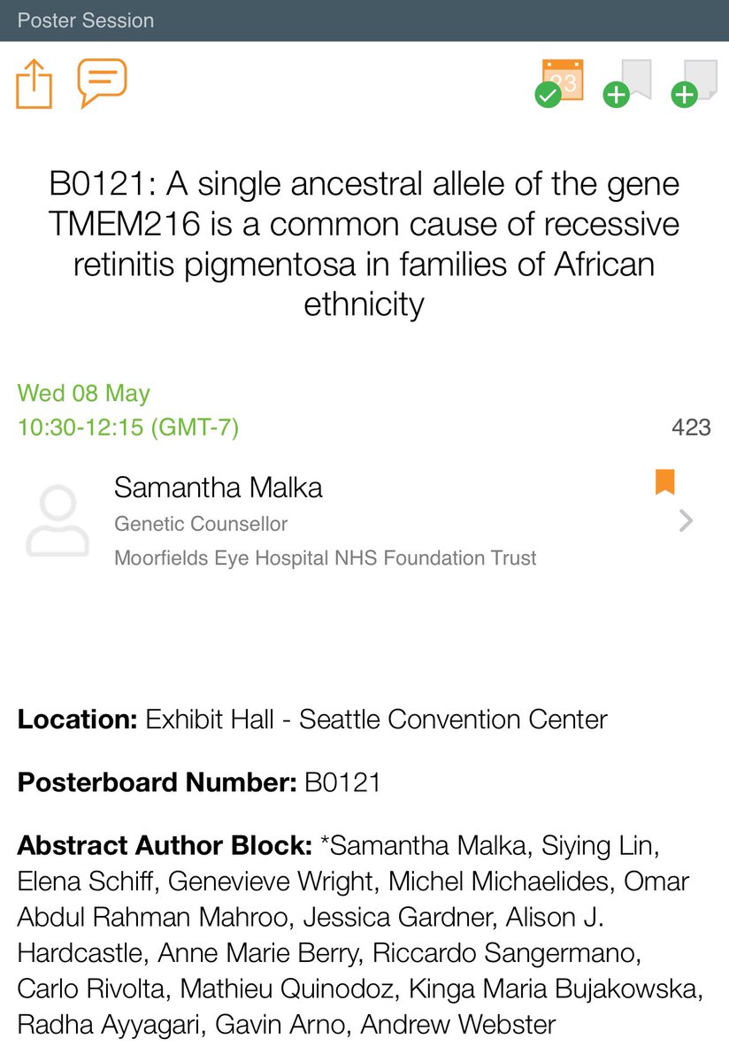 Our resident genetic genius Samantha Malka found a gene 🧬 causing #RetinitisPigmentosa in 17 individuals of Afro-Caribbean descent in a previous unknown location!

That’s as much as I know & it’s fabulous!!! 🤗😬💐

Go talk to her to find out more B0121 #ARVO2024 @MoorfieldsBRC