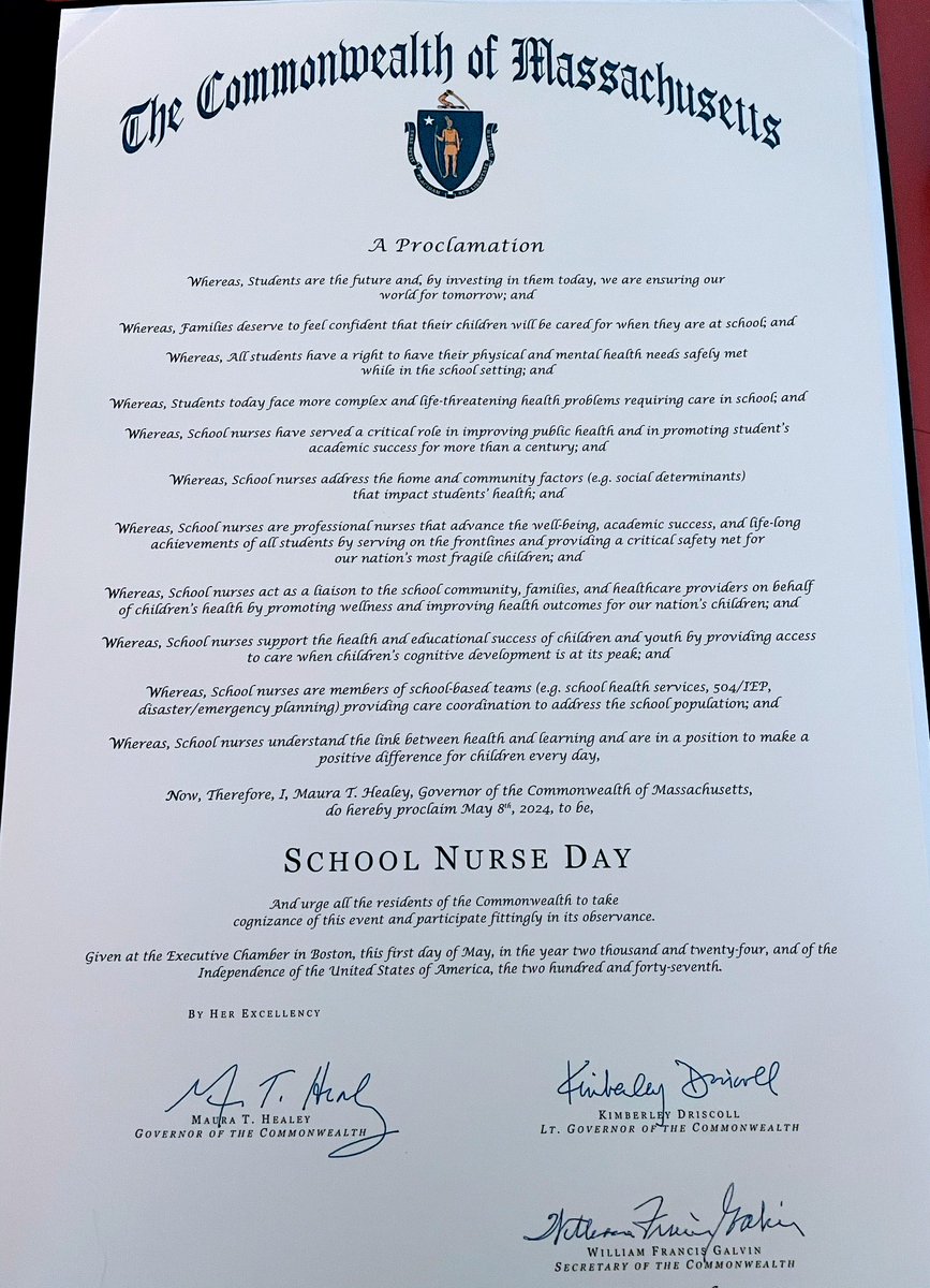 Thank you <a href="/MassGovernor/">Governor Maura Healey</a> for proclaiming today as MA School Nurse Day 👏👏 <a href="/schoolnurses/">NASN, Inc.</a> are in a position to make a positive difference for students in the Commonwealth every day! #SND2024