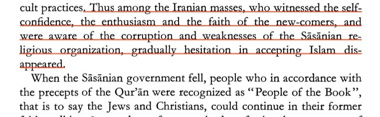 Zoroastrian corruption and the rise of Islam.

The Iranian masses would later embrace Islam in droves as well. The vigour and self-confidence of the Muslims, combined with the weak and corrupt Zoroastrian clerical system, led to hesitation in accepting Islam disappearing.