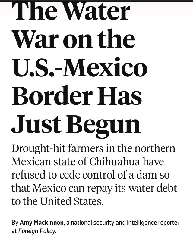TaquitoAlPaztor's tweet photo. MEXICAN WATER WARS

La “guerra del agua” entre México y USA inició en 2020, cuando el  gobierno de Lopez Obrador, anunció el desfogue de la presa La Boquilla para llevar agua a Estados Unidos por el río Bravo, agricultores se defendieron y tomaron la presa enfrentándose a la GN https://t.co/0zJBJLgsls