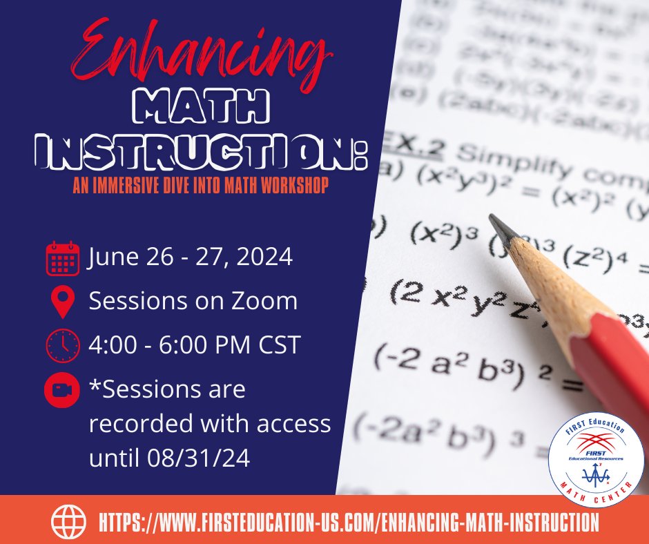 🌟 Math Teachers: Boost your skills with our 2-day virtual workshop! Dive into the Math Workshop Framework, master differentiated instruction, and explore effective assessment strategies. Register now! firsteducation-us.com/enhancing-math… 📚✨ #MathEducation #PD