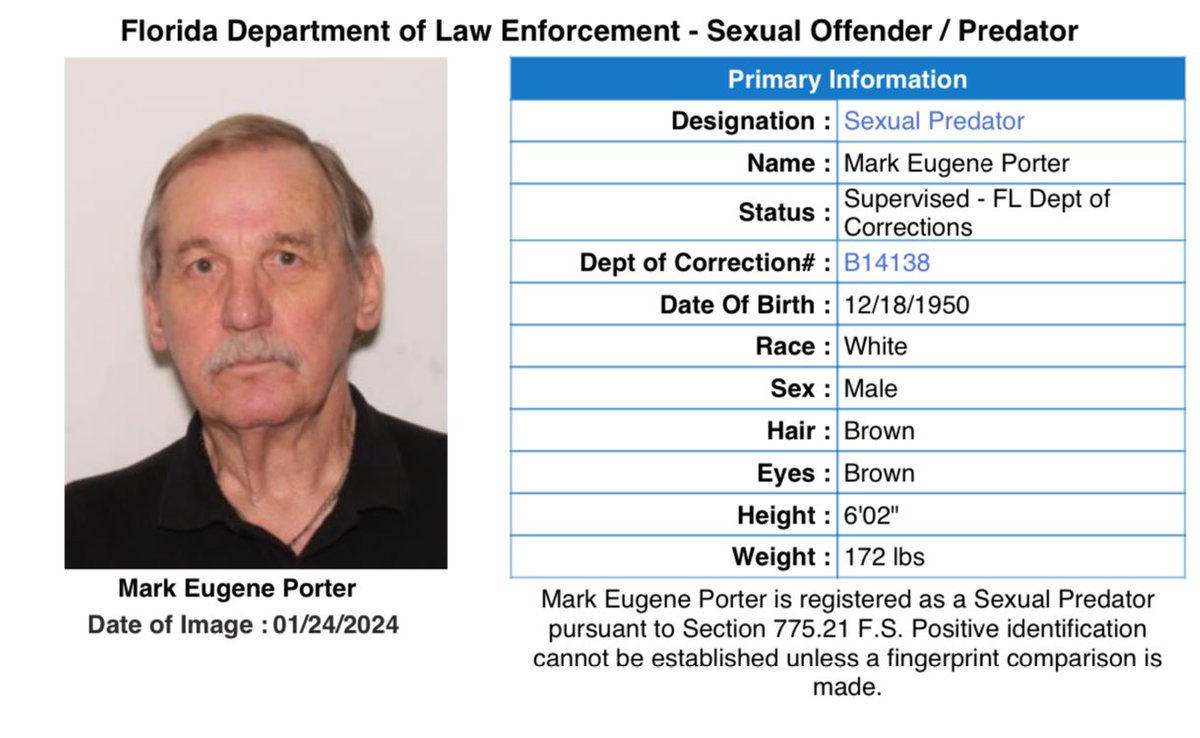 Important Information 🚨

The following sexual predator has registered an address located in Palm Beach County: Mark Eugene Porter (DOB: 12/18/1950) currently residing at 312 Pelican Lake Drive B, Pahokee, FL 33476. To check predators in your area visit:  icrimewatch.net/index.php?Agen…