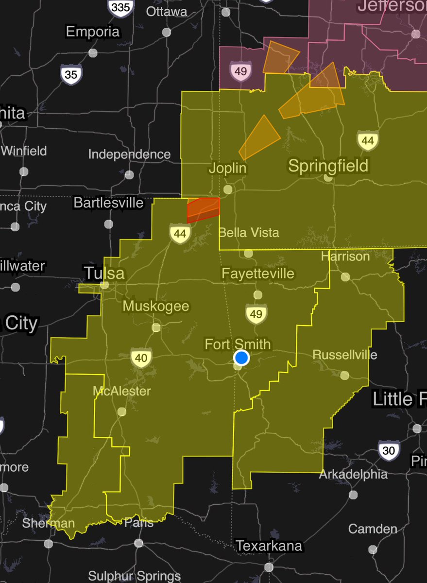 New: in a rather surprising escalation, strong tornadoes are possible over eastern Oklahoma and western Arkansas. A tornado watch is up in yellow until 10 p.m. I’m chasing and will be streaming LIVE in the @MyRadarWX app!