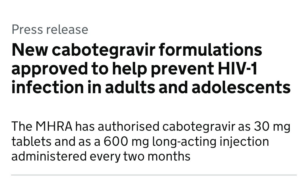I'm a bit late to the party here! @MHRAmedicines approves cabotegravir for PrEP, bringing the UK in line with the rest of Europe....at last! Now for England it's over to @NICEComms to ensure this reaches the people who will benefit from it..... gov.uk/government/new…