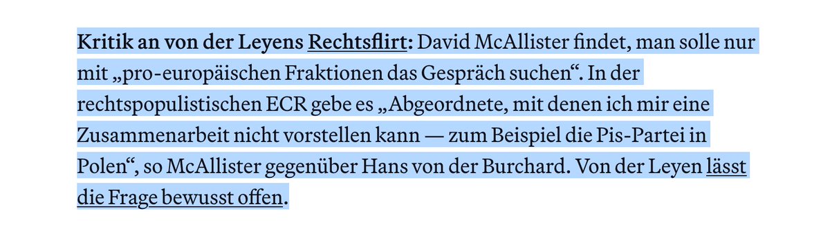 Endlich! Niedersachsens früherer Ministerpräsident und jetziger Europaabgeordneter David McAllister kritisiert Ursula von der Leyen für ihre Offenheit zur Rechtsaußenfraktion ECR! Es ist wichtig, dass diese Stimmen auch aus der Union selbst kommen!