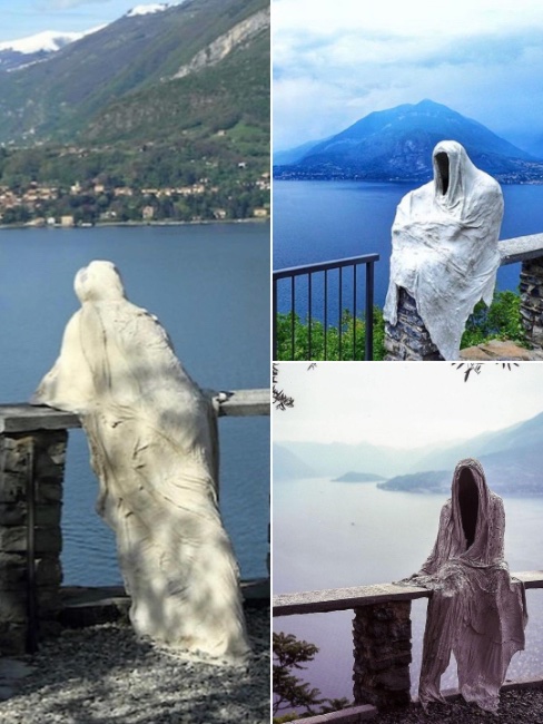 JamesLucasIT's tweet image. For those curious about the first picture: Vezio Castle, overlooking Lake Como, isn't adorned with Nazgûl, but with chalk sculptures that are recreated each summer by tourists. They pose, get covered in gauze and chalk, and stay still for 20 minutes until the chalk dries. These…