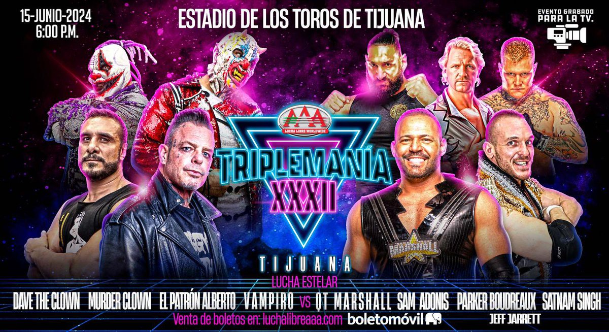 #TripleManiaXXXII Tijuana 
June 15th 
@luchalibreaaa 

🔥🔥🔥
@RealSamAdonis 
@RealJeffJarrett 
@QTMarshall 
@TheParkerB_ 
@hellosatnam