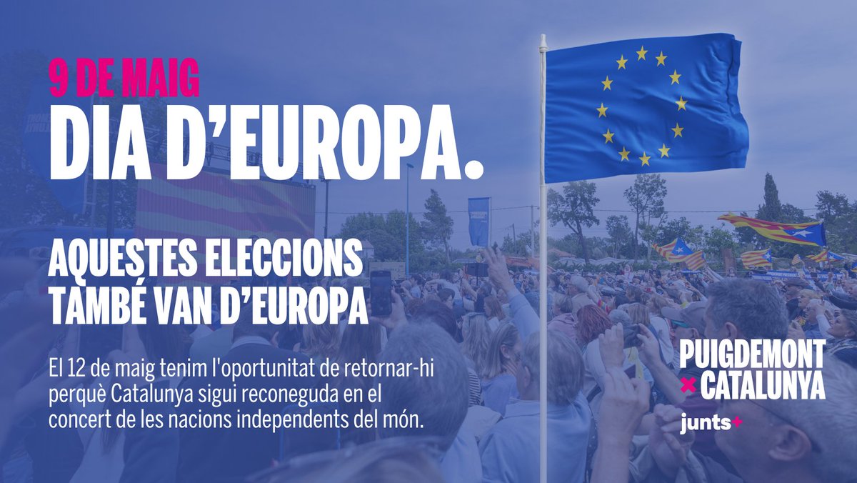 Avui és el Dia d'Europa 🇪🇺

Aquestes eleccions també van d'Europa.

🗳️ El #12M tenim l'oportunitat de retornar-hi perquè Catalunya sigui reconeguda en el concert de les nacions independents del món.