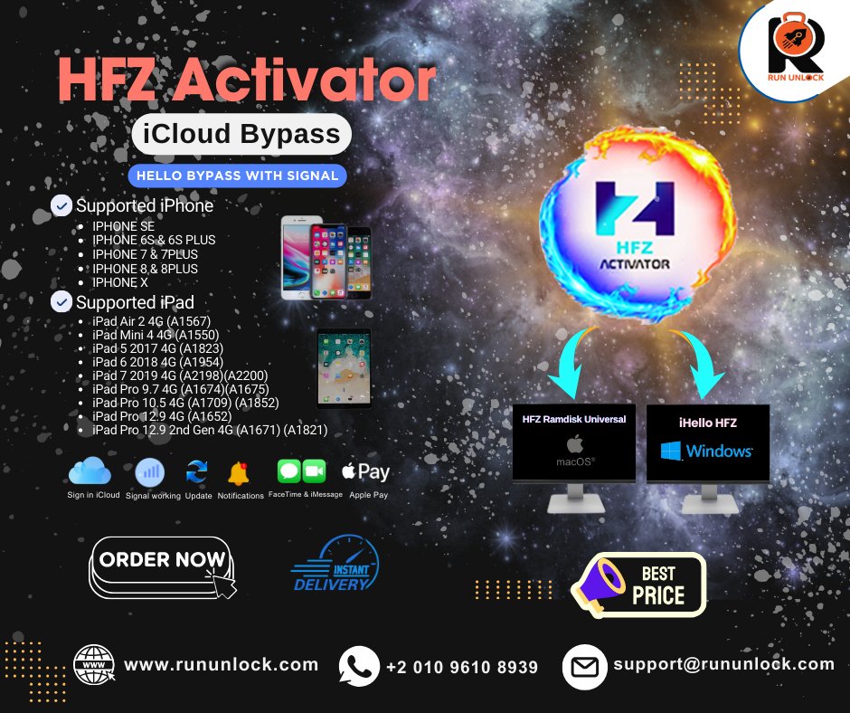 RunUnlock's tweet photo. HFZ Activator
Hello bypass With Signal 
iPhone &amp; iPad 
MAC &amp; WINDOWS TOOL 
Signal [FULL] 
iCloud 
Update
Reboot
App Store
Notifications
FaceTime &amp; iMessage
💵Best Price  
👨‍💻Order Now
🌐https://t.co/319KGSgfTV
📱Follow News and Service Updates
https://t.co/KGJZUg2N3J https://t.co/zPDDIMyHNR