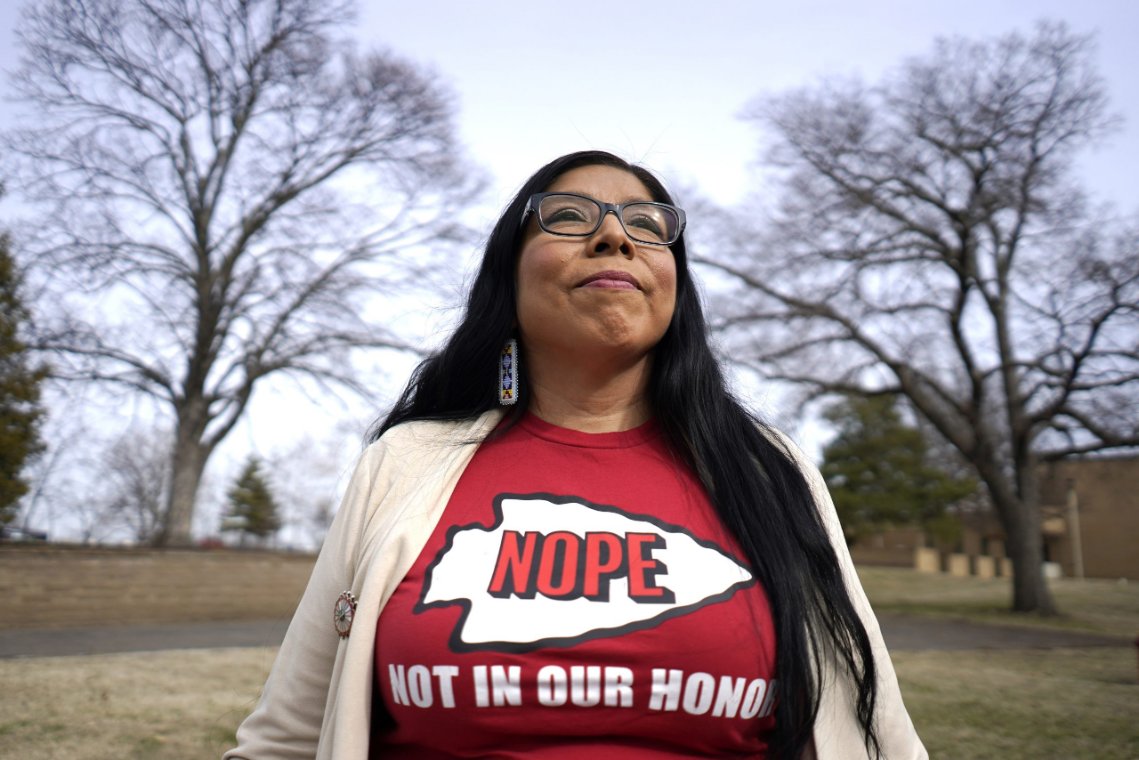Rhonda LeValdo and other Indigenous activists are in Las Vegas protesting the Kansas City Chiefs' name and imagery as the Super Bowl looms, advocating for respect and change. #NotInOurHonor