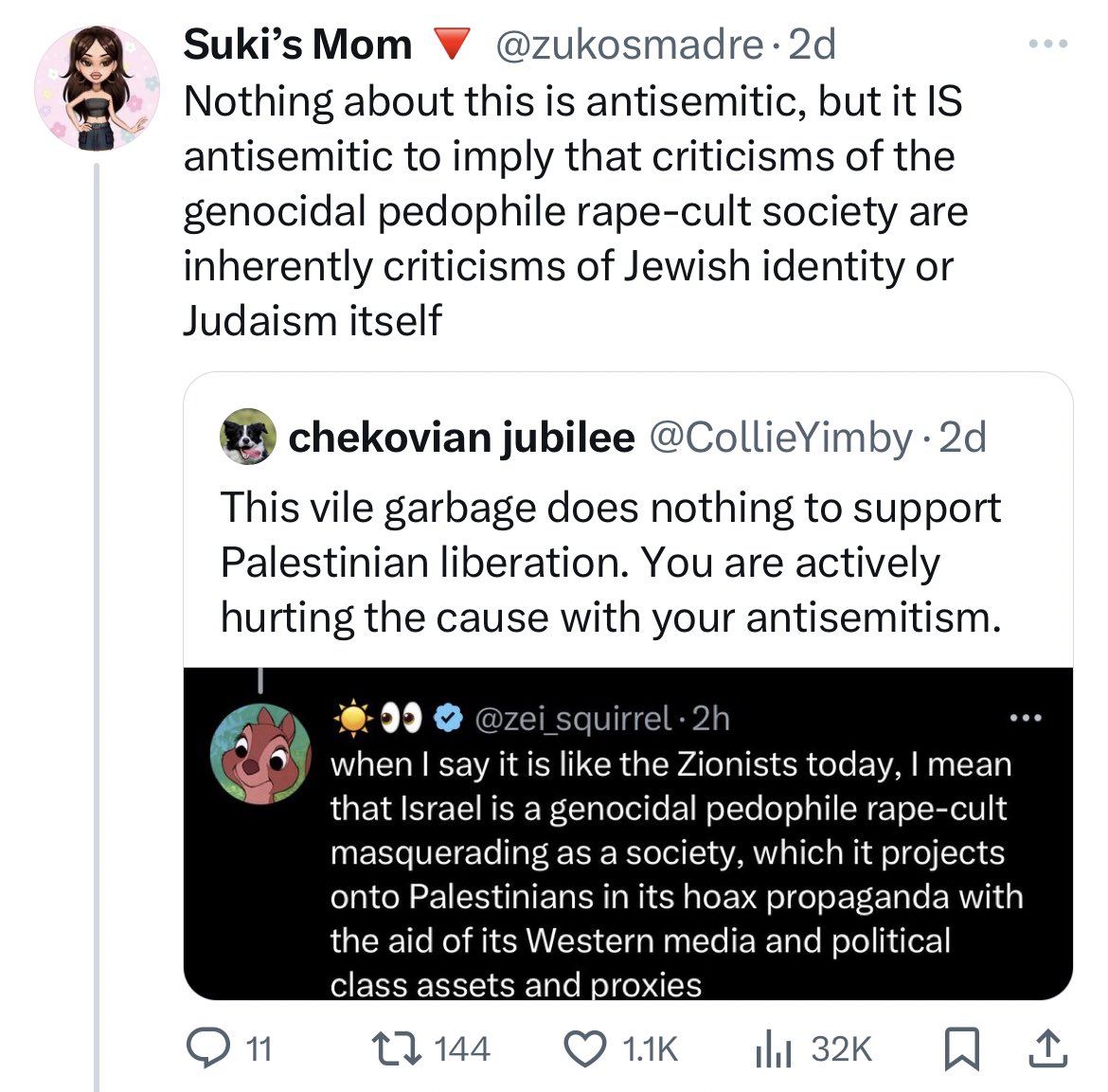 Definitely not anti-Semitic to describe the one Jewish state on Earth as “the genocidal pedophile rape cult society”