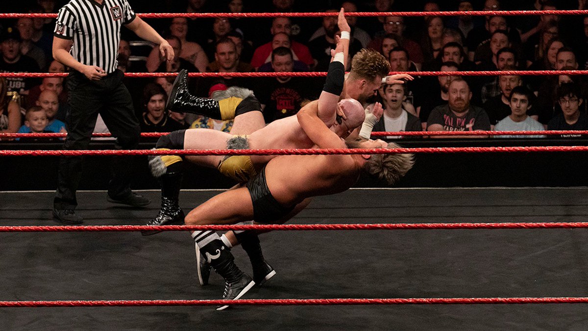 May 8, 2019: At Braehead Arena, #MustacheMountain (#TylerBate & @trentseven) defeated #TheHunt (@WILDBOARhitch & @The_Primate_) in tag team action. #NXTUK 📸 WWE