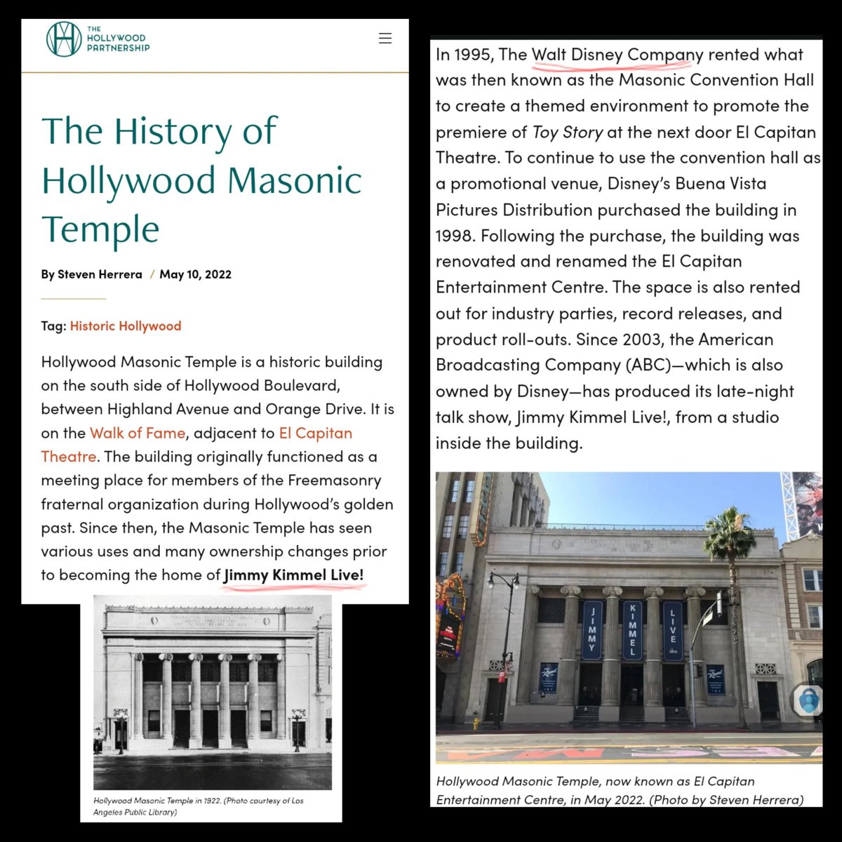 I just learned 'Late night w/ Jimmy Kimmel' is filmed inside a Freemasonic Lodge in Hollywood (that's owned by Disney).
