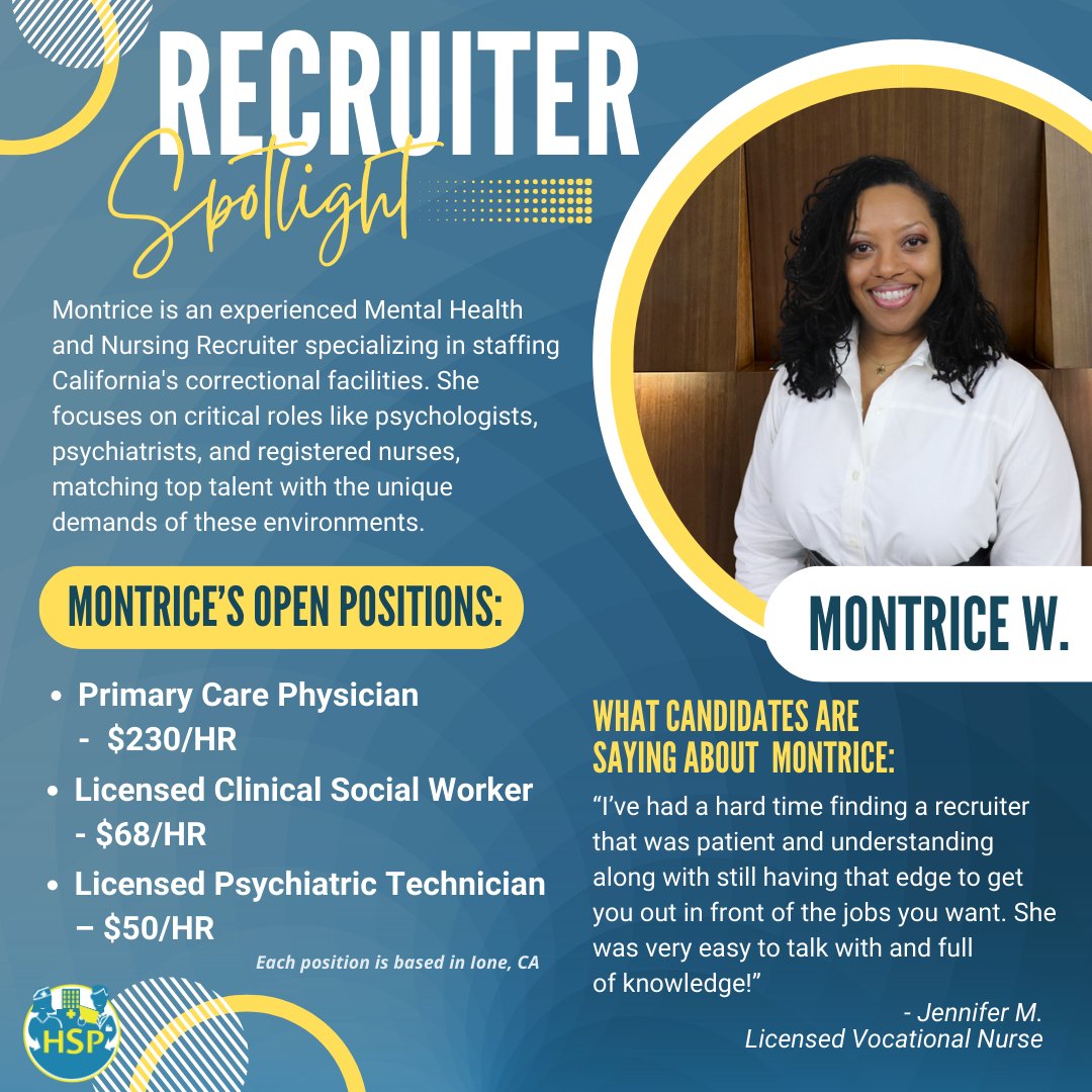 For this weeks Recruiter Spotlight, we're excited to introduce Montrice, a dedicated recruiter specializing in Mental Health and Nursing in California!🌟 Get to know Montrice, learn about the roles she's filling, and explore her latest job openings at hsp-inc.com/job-seeker/job….
