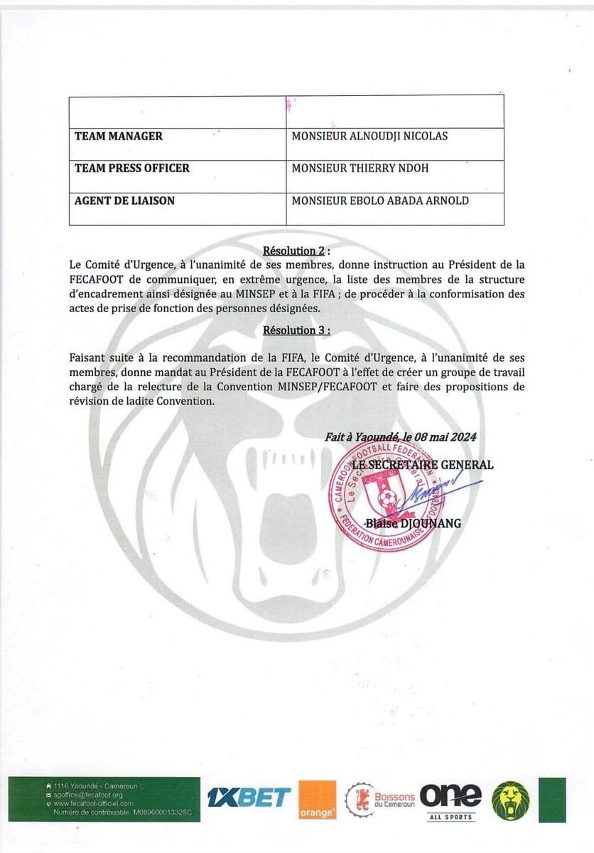 #Urgent 
#Communiqué
#LionsIndomptables 
#FECAFOOT
M