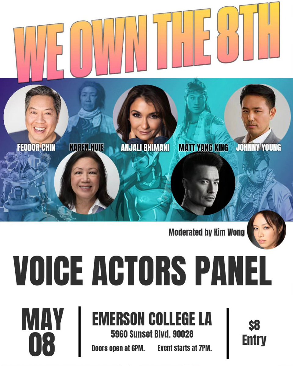 So excited to spend this special day celebrating both the magic of VO and AAPI Heritage Day with these wonderful actors & attendees to the @WeOwnThe8th VA panel at 7 pm! $8 tix at link below! @FeoChin @mattyangking @HuieKaren @JohnnyYoung115 @sweeetanj allevents.in/los%20angeles/…