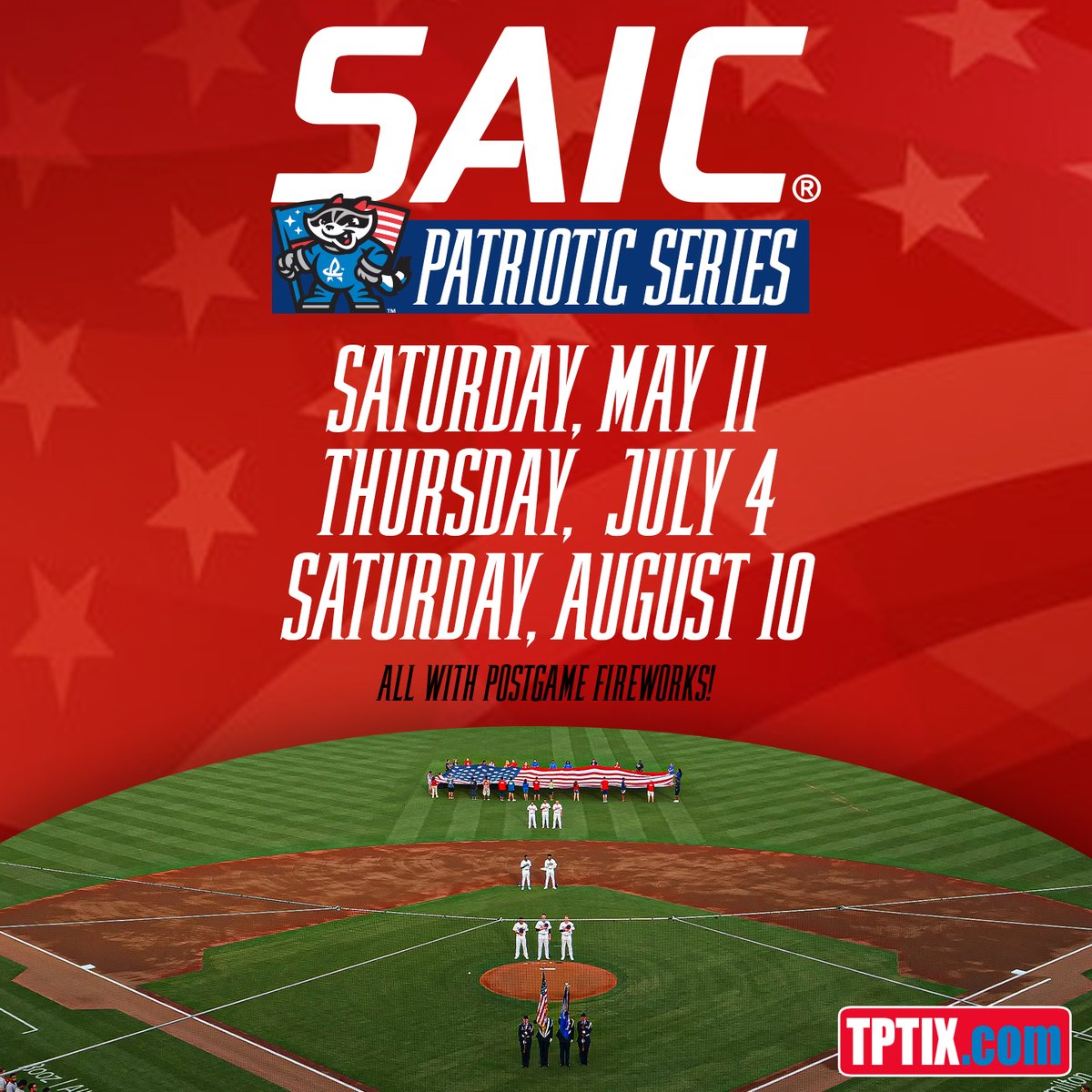 Our first @SAICinc Patriotic Series game is this Saturday for Armed Forces Night! 🇺🇸 We'll have a postgame fireworks show, and you can get your seats at tptix.com! 🎆
