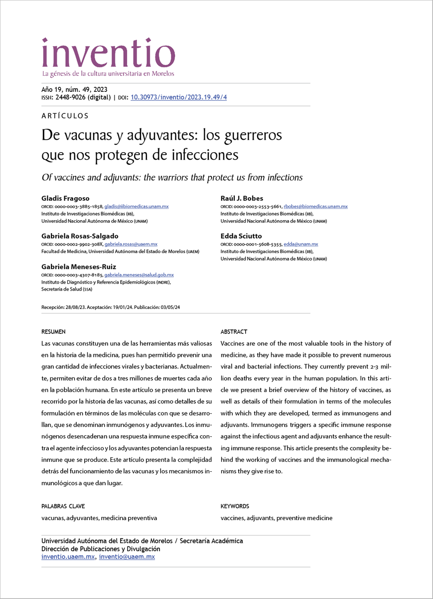 EdicionesUAEM's tweet photo. #INVENTIO #RevistaDivulgación #multidisciplina
Revista Inventio / Publicación adelantada
"De vacunas y adyuvantes: los guerreros que nos protegen de infecciones."
Artículo completo 👇
https://t.co/BzQVauLvxr
#Vacunas, #Adyuvantes, #Medicinapreventiva https://t.co/u4V0Ss5UNs
