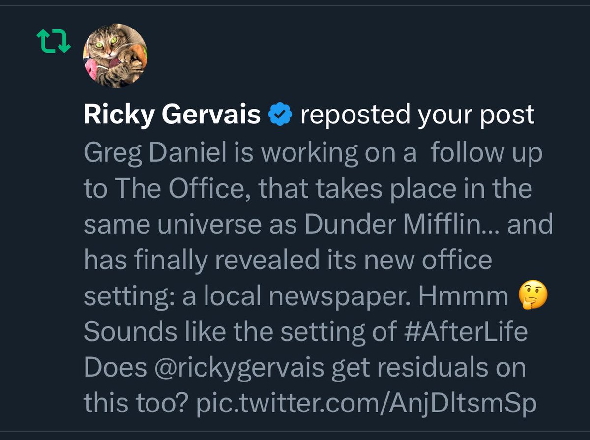 andysignore's tweet photo. Well Damn 😂 @rickygervais RT’ing me doesn’t give me confidence they’re paying him for it. He should get residuals on ANY #TheOffice Spin-Off… Especially here, given that this sounds awfully close to #AfterLife (which I adore) Come on for an interview my man! Fans will rally! https://t.co/qYyYjWbGfD