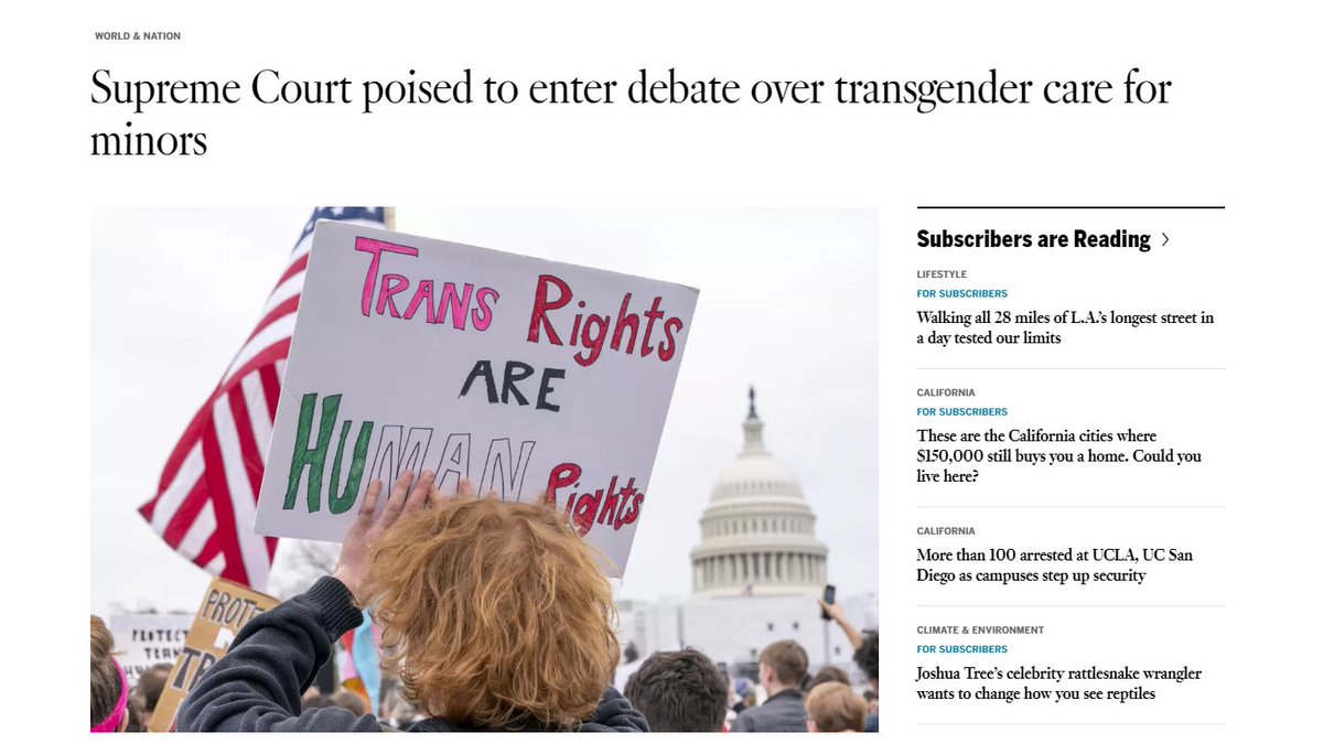 🧵➡️EYES ON SCOTUS: The @latimes reports that: 'Supreme Court poised to enter debate over transgender care for minors.' This is an interesting predictive stance on whether the court will grant review in these cases, but it's one I share. Some thoughts & legal principles 👇🏻