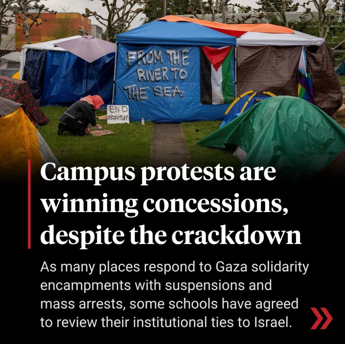 BREAKING: Although mostly ignored by the media, student protesters have won big victories at 6 major US universities over Israel's mass civilian killings in Gaza. Agreements reached at Rutgers, Northwestern, Brown, Middlebury, Evergreen and Vassar. Protest works. More to come.⤵️
