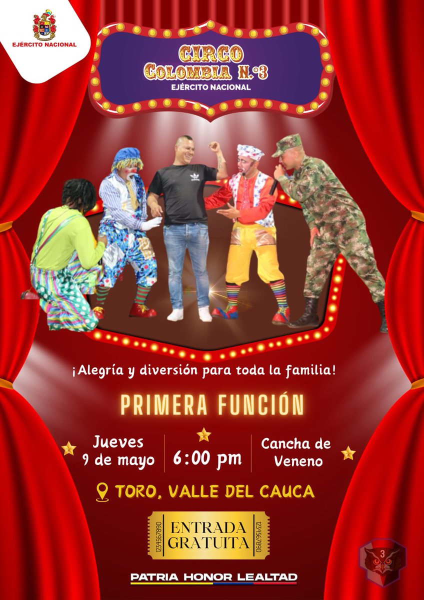 La magia y diversión del Circo Colombia N.° 3 llega a Toro, #ValleDelCauca, para alegrar las noches de las familias. Desde este jueves 9 de mayo los esperamos en la carpa azul, para vivir una experiencia única e inolvidable junto los soldados del @COL_EJERCITO. #SiempreATuLado