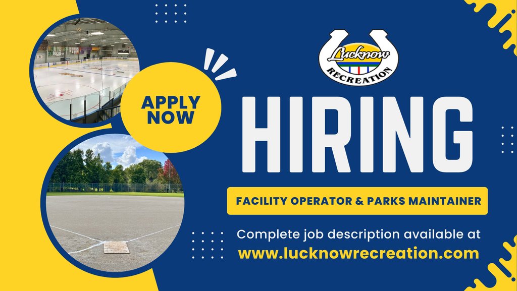 The Lucknow &amp; District Recreation Department is currently accepting applications for the position of a Full Time Facility Operator &amp; Parks Maintainer  ⚾️ ⚽️ 🏒

For additional details regarding this opportunity, please visit: lucknowrecreation.com/employment-opp…
