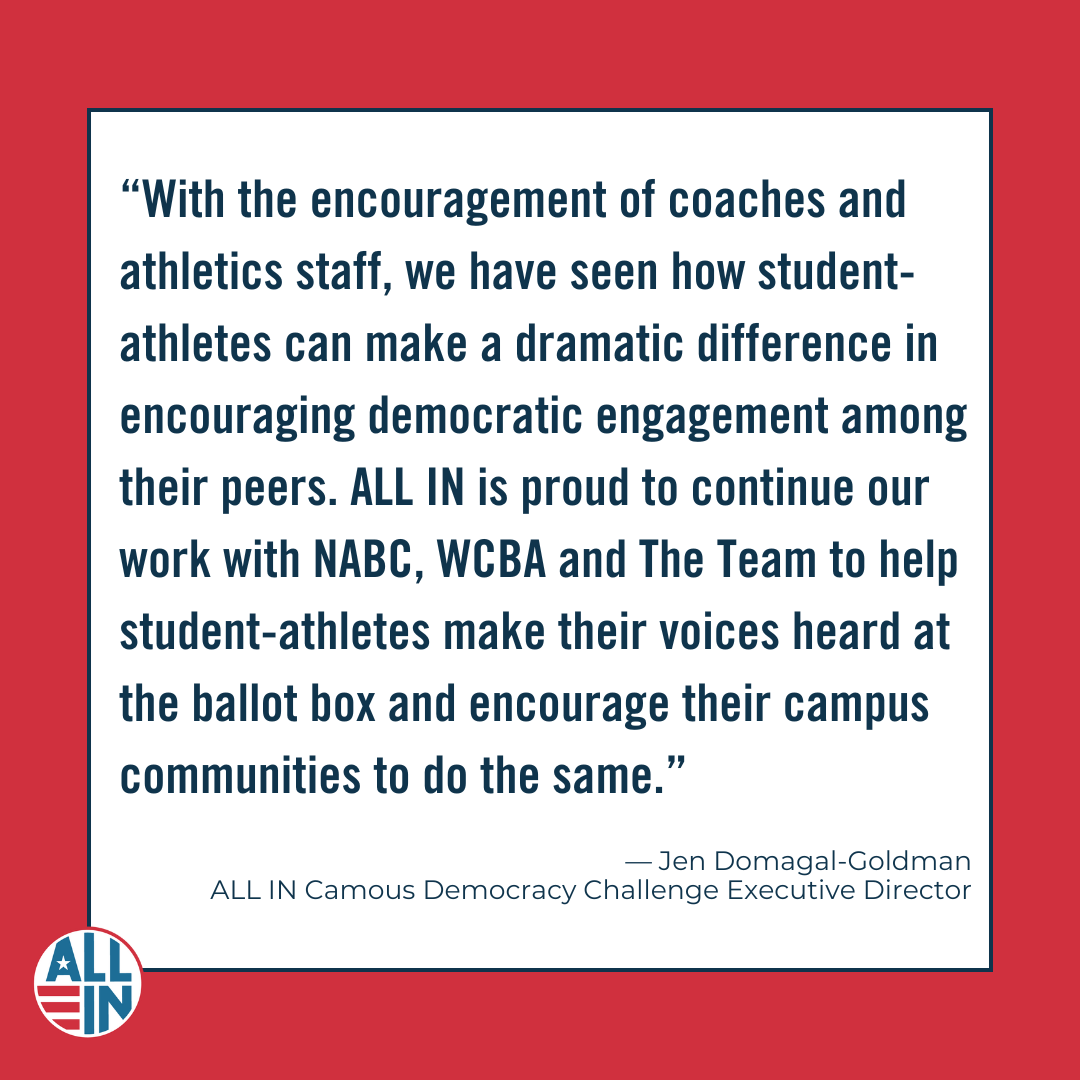 Since launching in 2020, over 2,000 coaches reaching nearly 40,000 student-athletes across the country have signed the Coaches' Pledge. As Executive Director @JenDomagalG said, we are proud to continue our work with @NABC1927, @WBCA1981, & @theteamdotorg. allin.vote/coachespledge