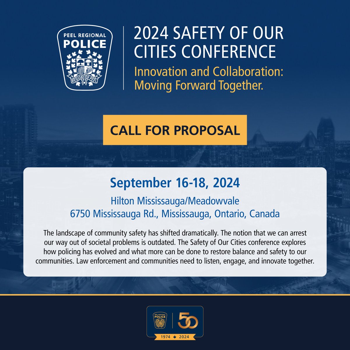 Call for Proposals NOW OPEN for the 2nd Annual Safety of our Cities Conference. Innovation & Collaboration: Moving Forward Together – Sept 16-18, 2024. Submit your proposal and register now: safetycitiesconference.ca. #SafetyofOurCities #OACP #MCCA #CACP