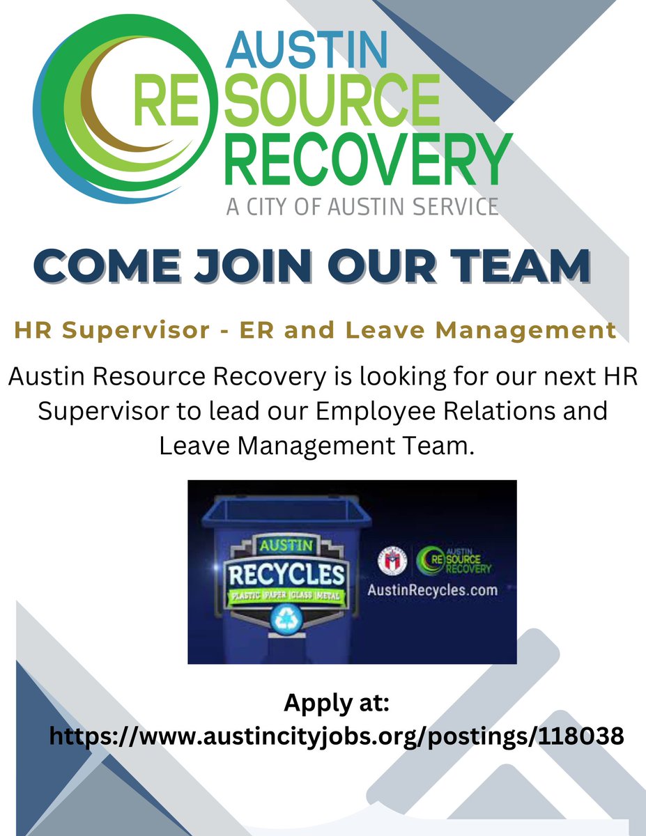 Austin Resource Recovery is seeking to hire a Human Resources Supervisor.

Apply Today: austincityjobs.org/postings/118038

#NowHiring #HumanResourcesJobs #KeepAustinHired