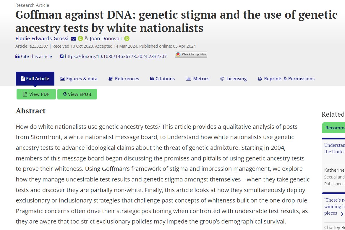 New paper analysing comments posted on Stormfront by white nationalists about their genetic ancestry testing results. tandfonline.com/doi/full/10.10…