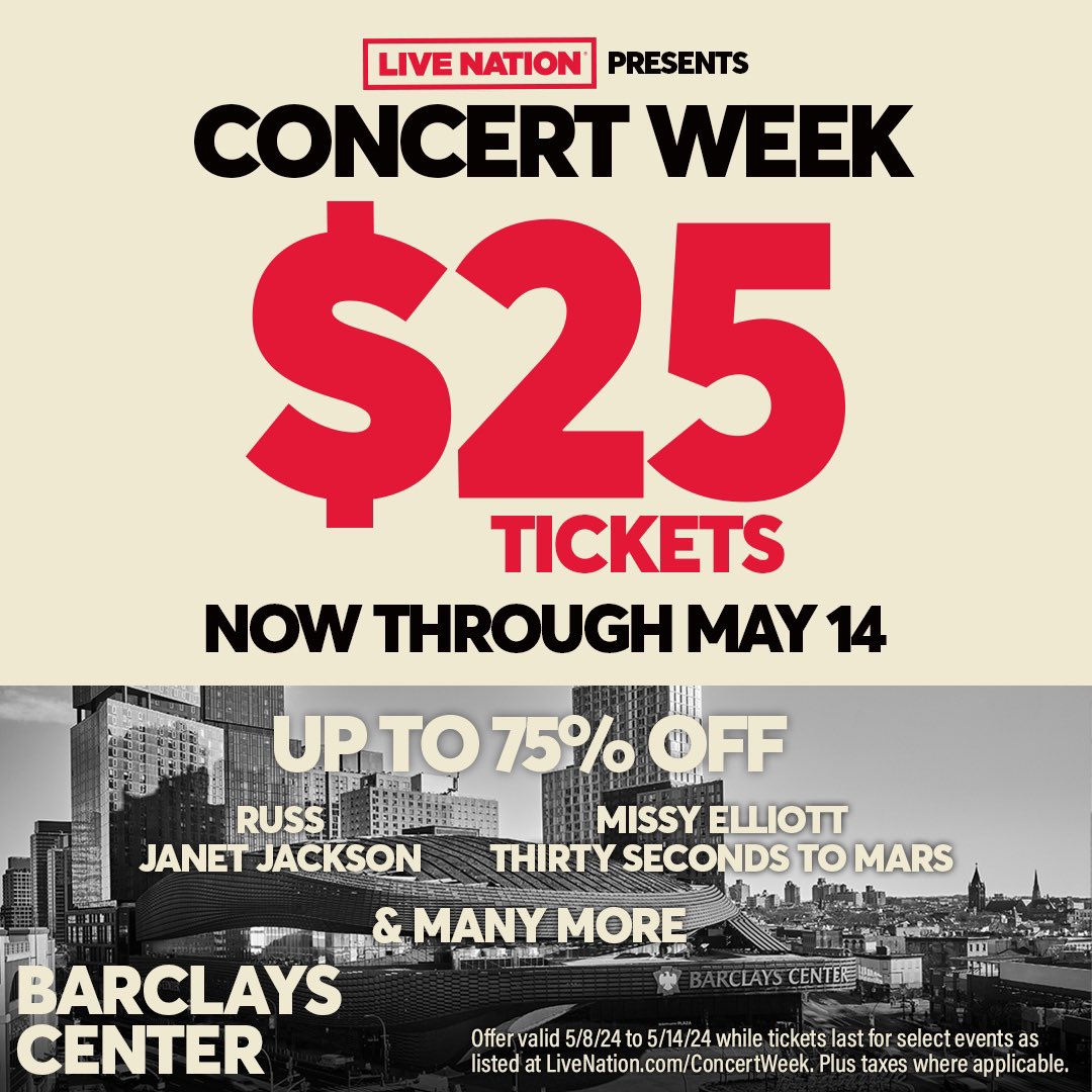 Live Nation Concert Week is here! Get $25 tickets to select shows including Russ, Janet Jackson, Missy Elliott, Thirty Seconds to Mars, Kygo, Maxwell & Jazmine Sullivan! 🎫: bit.ly/4bafERF