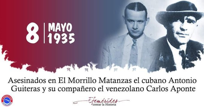 #Cuba recuerda hoy el asesinato de Antonio Guiteras y Carlos Aponte en el Morrillo, Matanzas. A 89 años de aquel abominable hecho, los revolucionarios cubanos no los olvidamos. Y el ideario antiimperialista y socialista de Guiteras nos sigue inspirando. #CubaViveEnsuHistoria