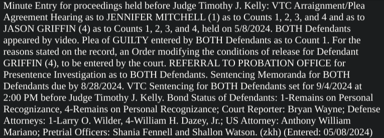 sfoguj's tweet photo. Jennifer Mitchell and Jason Griffin joined John & Sarah Flanigan in guilty pleas today and all were accepted. Sentencing for all four defendants set for 9/4/24. https://t.co/xte17NB2ll