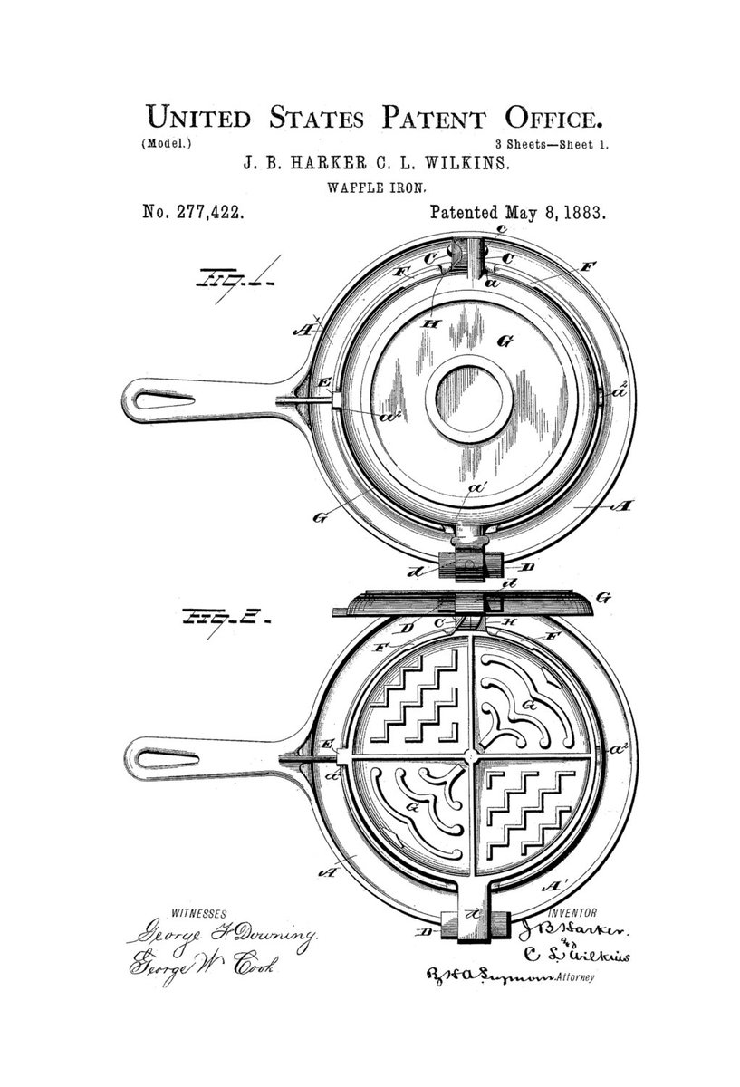 On this date in #innovation history: John Harker & Charles Wilkins receive a #patent in 1883 for their #invention of a flip-top waffle iron, ensuring a consistent, all-around crispy waffle in this key follow-on innovation to pancakes #PatentsMatter #yum @uspto @WaffleHouse @IHOP