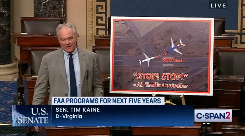 'That main runway [at DCA] is the busiest runway in the United States.' Senator @TimKaine points out 20% of DCA flights are delayed an average of 67+ minutes, with a very high cancellation rate. All that congestion creates real safety concerns. Congress shouldn't make it worse.