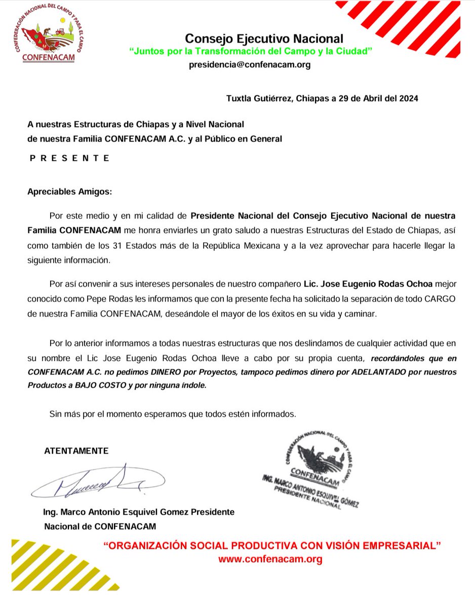confenacam's tweet photo. CONFENACAM || Separación de Cargo 

Con fecha 29 de Abril del presente informamos a nuestras #Estructuras y al #PublicoEnGeneral la separación del cargo que ostentaba el Lic Jose Eugenio Rodas Ochoa en nuestra Familia #CONFENACAM.

#SomosCONFENACAM https://t.co/ZwAYAQgsE2