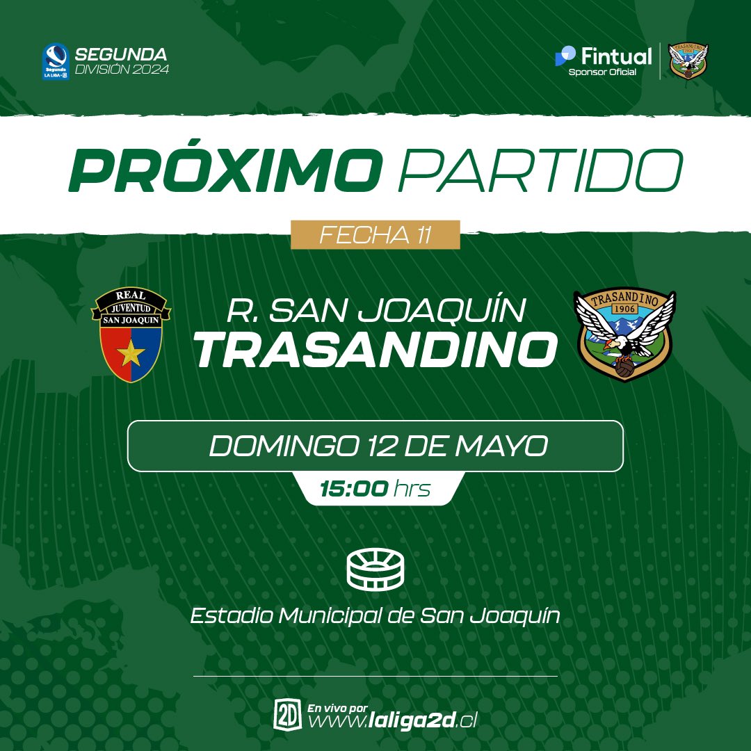 ➡️⚽️ En el próximo encuentro del campeonato enfrentamos a Real San Joaquín en condición de visitantes. ⌚️🏟️ El encuentro está programado para las 15:00 horas y se disputará en el Estadio Municipal de San Joaquín. #VamosTrasandino 💚