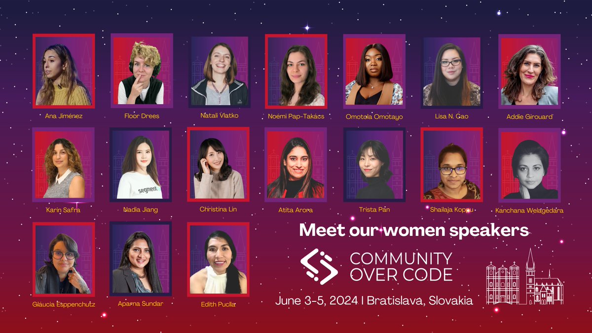 The #CommunityOverCode EU speaker lineup includes brilliant women from all over the world who will share their knowledge of #opensource and ASF projects. To see the full schedule or to register, visit eu.communityovercode.org 🚨 Hope to see you in Slovakia in 3 weeks! 🚨