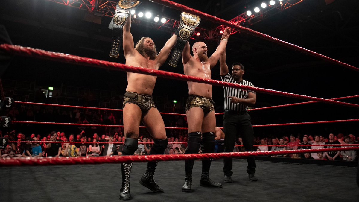 May 8, 2019: At Braehead Arena, The #GrizzledYoungVeterans (@JamesDrakePro & @ZackGibsonGYV) defeated @KennyWilliamsUK & @NoamDar (sub for Amir Jordan) to retain the #NXTUK Tag Team Championships. 📸 WWE