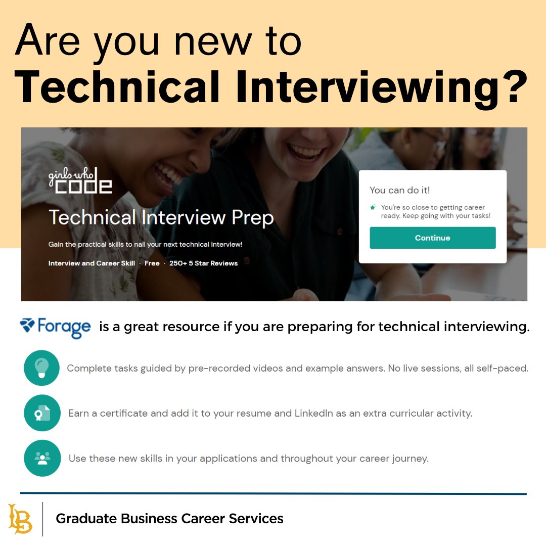 csulbgradbus's tweet image. 🚀 Check out Forage&apos;s Technical Interview Prep course is the perfect resource for beginners looking to crack their next opportunity! 

To access Forage, go to CareerLink from SSO ➡️ Resources ➡️ Online Tools ➡️ Forage!

#csulbGBCS #TechnicalInterview #CareerReady #GirlsWhoCode
