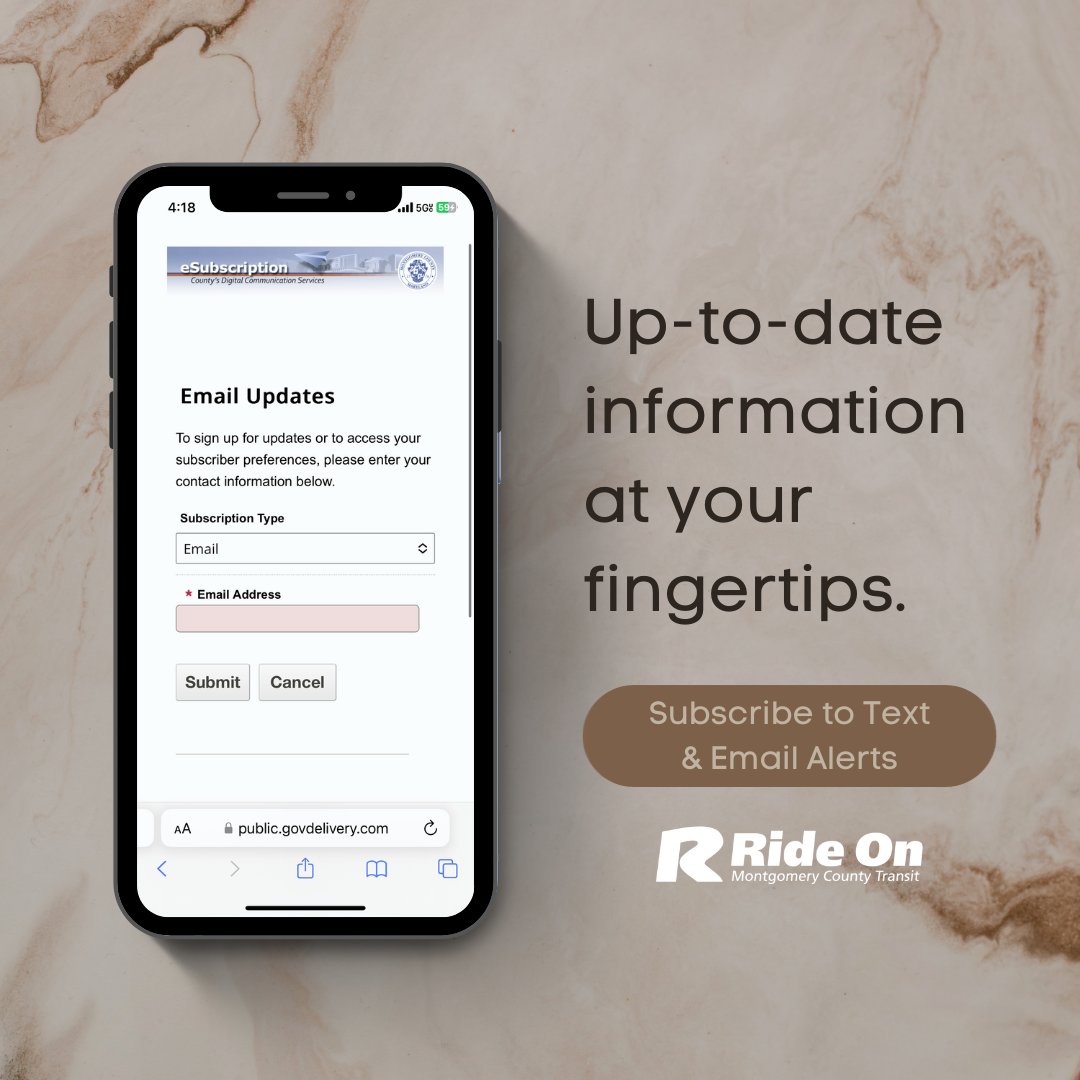 For the most up-to-date Ride On service information, subscribe to our email alerts at montgomerycountymd.gov/govdelivery, or by texting MONTGOMERY RIDEON to 468311 to receive text alerts.