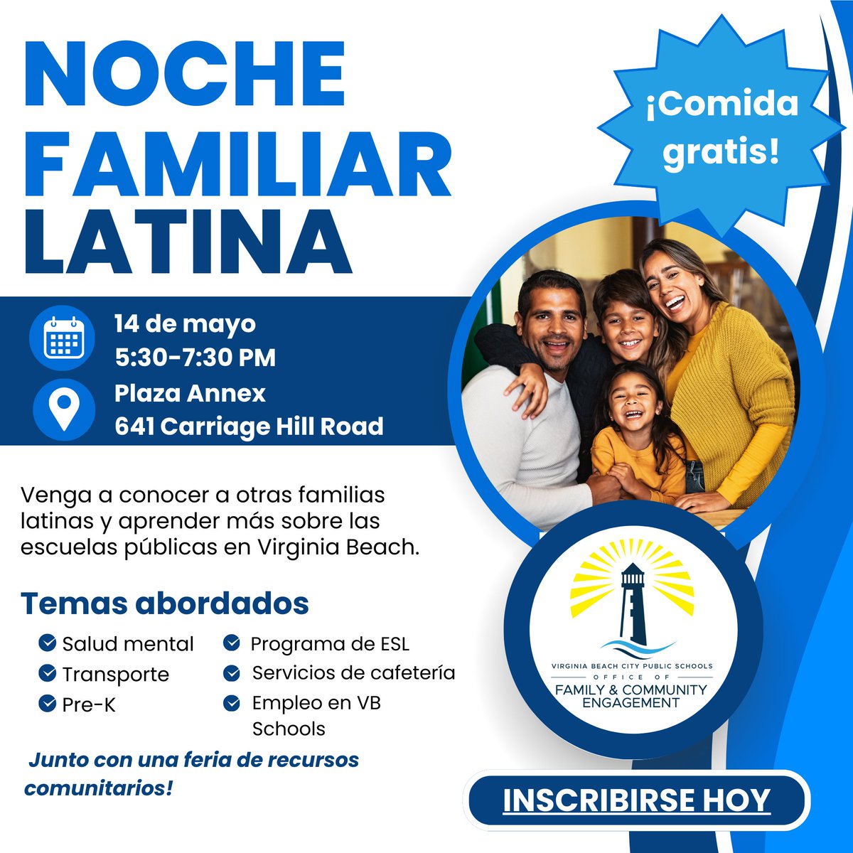 Apúntese ya a la Noche Familiar Latina el 14 de mayo de 5:30 a 7:30 pm. Información sobre transporte, servicios de alimentación, salud mental, además de comida gratis y una feria comunitaria. forms.gle/9re2E9o4RXtSM1…