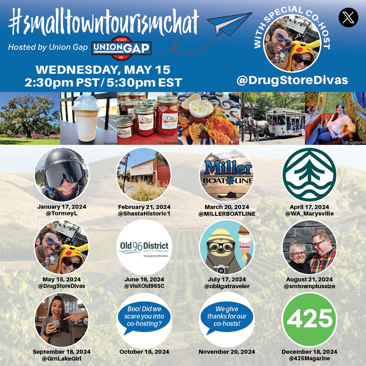 We are a week away from May's #SmallTownTourismChat with the one and only @drugstoredivas - or most featured cohost - and she's even toured Union Gap as well! We love this relationship! Save May 15th on your calendar.