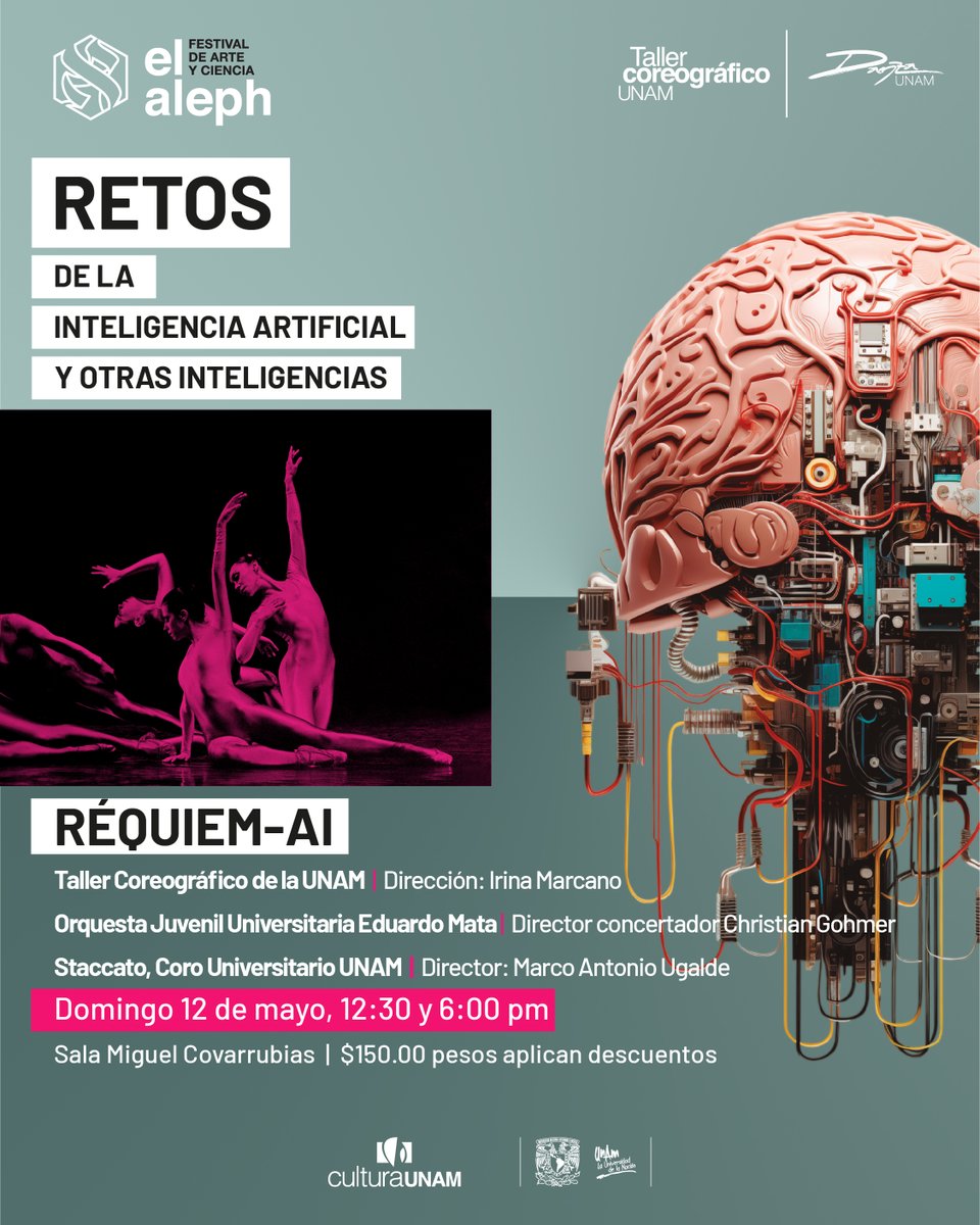 🧠 Mozart, Gloria Contreras y las inteligencias artificiales en un par de funciones únicas es nuestra participación en el @FestivalElAleph.

🎼 Réquiem AI -música en vivo-
📍 Sala Miguel Covarrubias
🗓️ May 12 | 12:30H y 18H
🎟️ bityl.co/PmAd

@CulturaUNAM
@DanzaUNAM